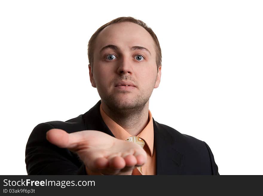 Unshaven businessman shows his hand on a white background