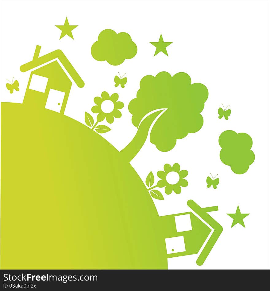 Green ecological illustration with houses and trees