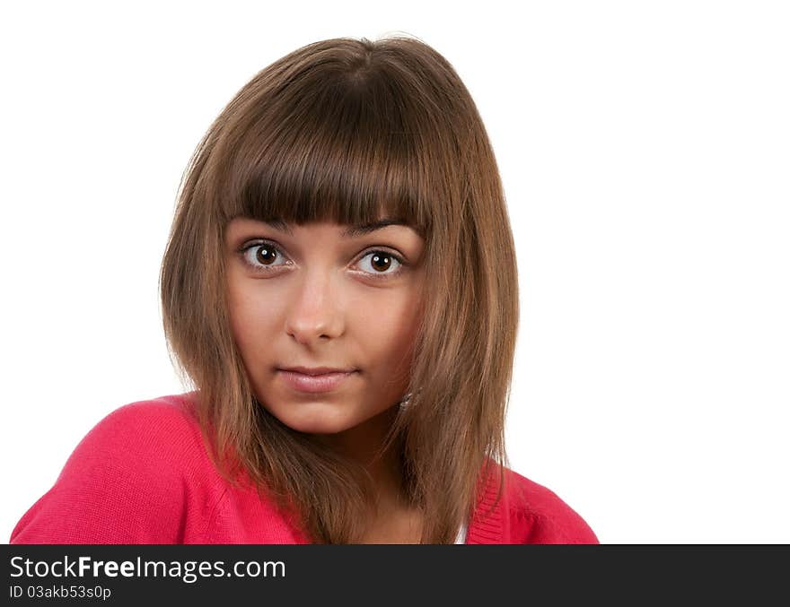 Portrait of the brunette in a red sweater isolated on a white background