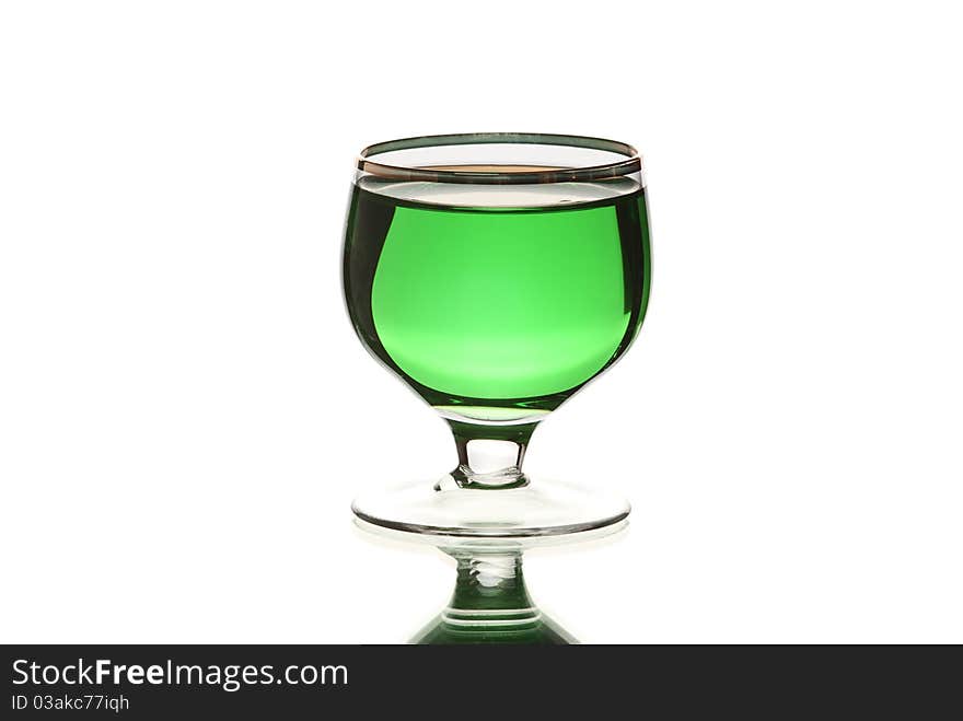 Glasses with alcohol. White background. Studio shot.