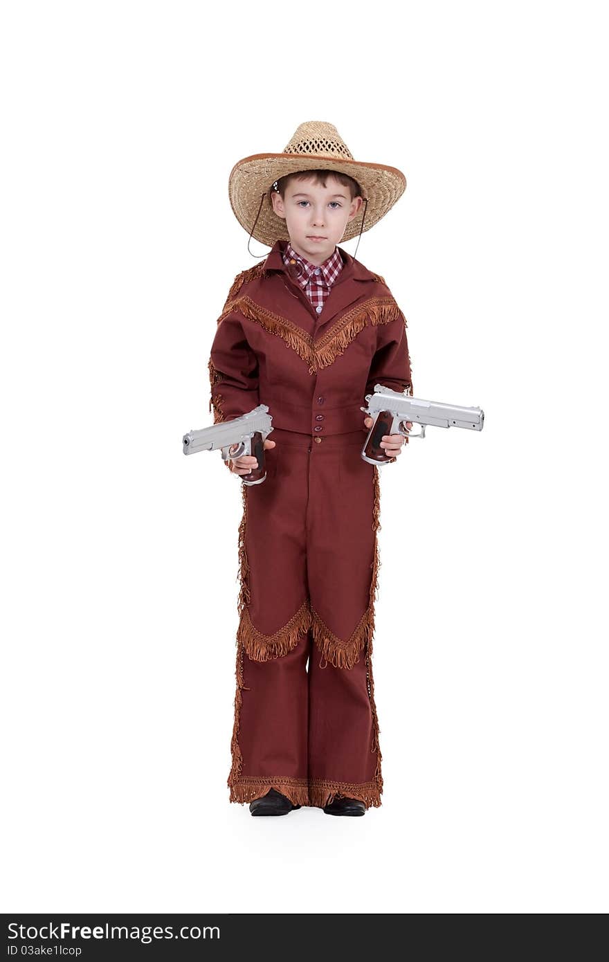 Boy dressed as a cowboy with pistols on a white background