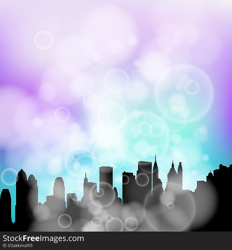 City background dark town in fog of bubbles