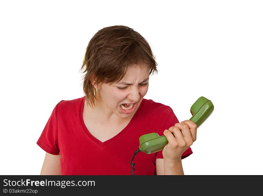 Young stressed woman on telephone - isolated on white background. Young stressed woman on telephone - isolated on white background