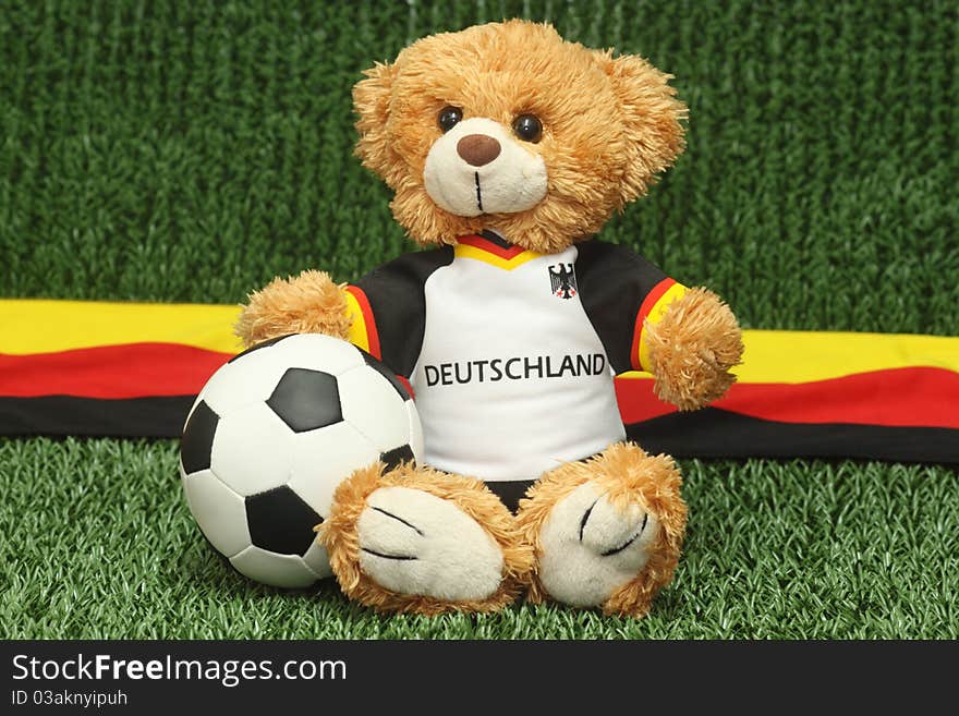 Teddy bear with football shirt on lawn background. Teddy bear with football shirt on lawn background