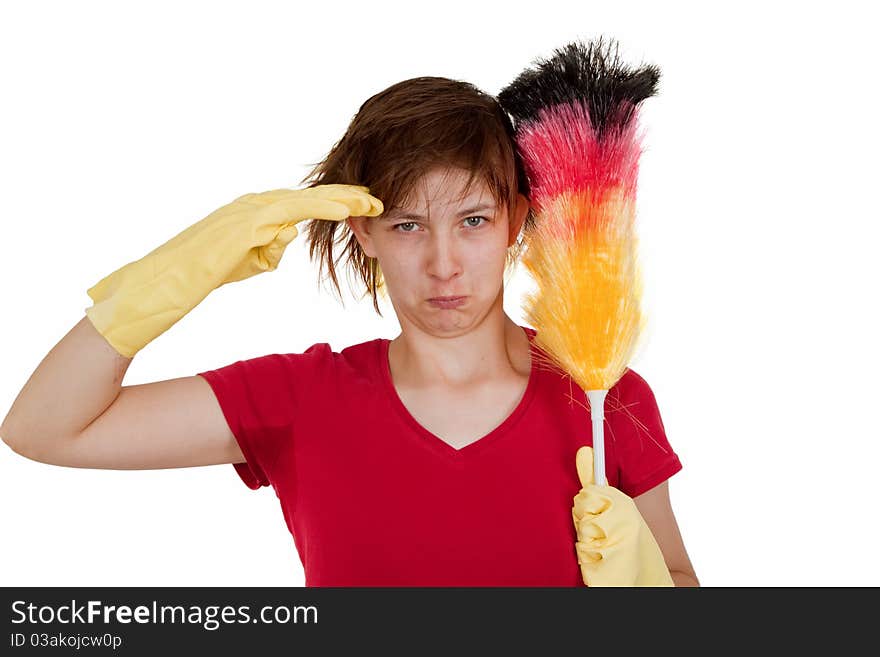 Young friendly woman with duster isolated on white background