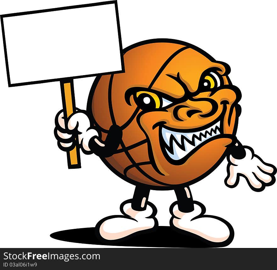 A evil basketball's holding up a sign. A evil basketball's holding up a sign.