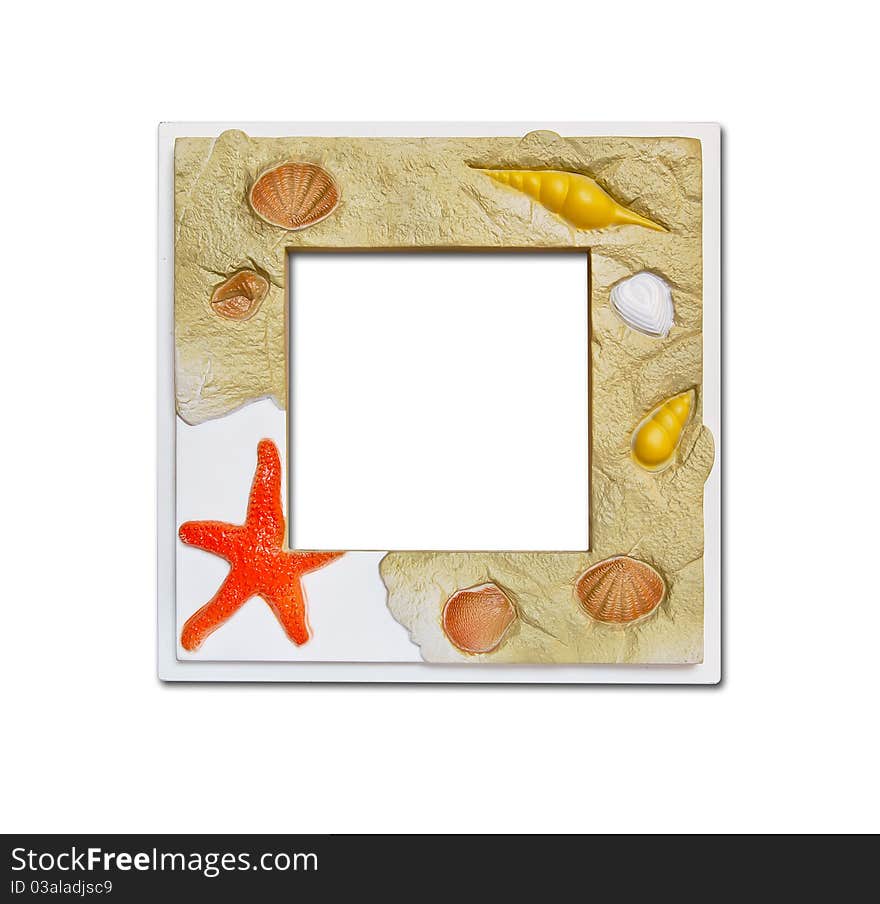 Frame of sea shell starfish and stones colored on white background. Frame of sea shell starfish and stones colored on white background