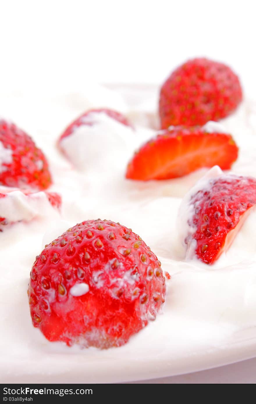 Yummy breakfast ripe strawberry in sour cream. Yummy breakfast ripe strawberry in sour cream