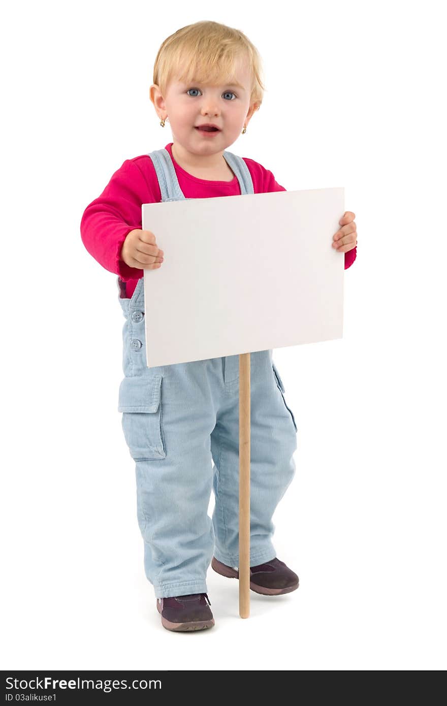 Child with blank table waiting for your sign, on white background.