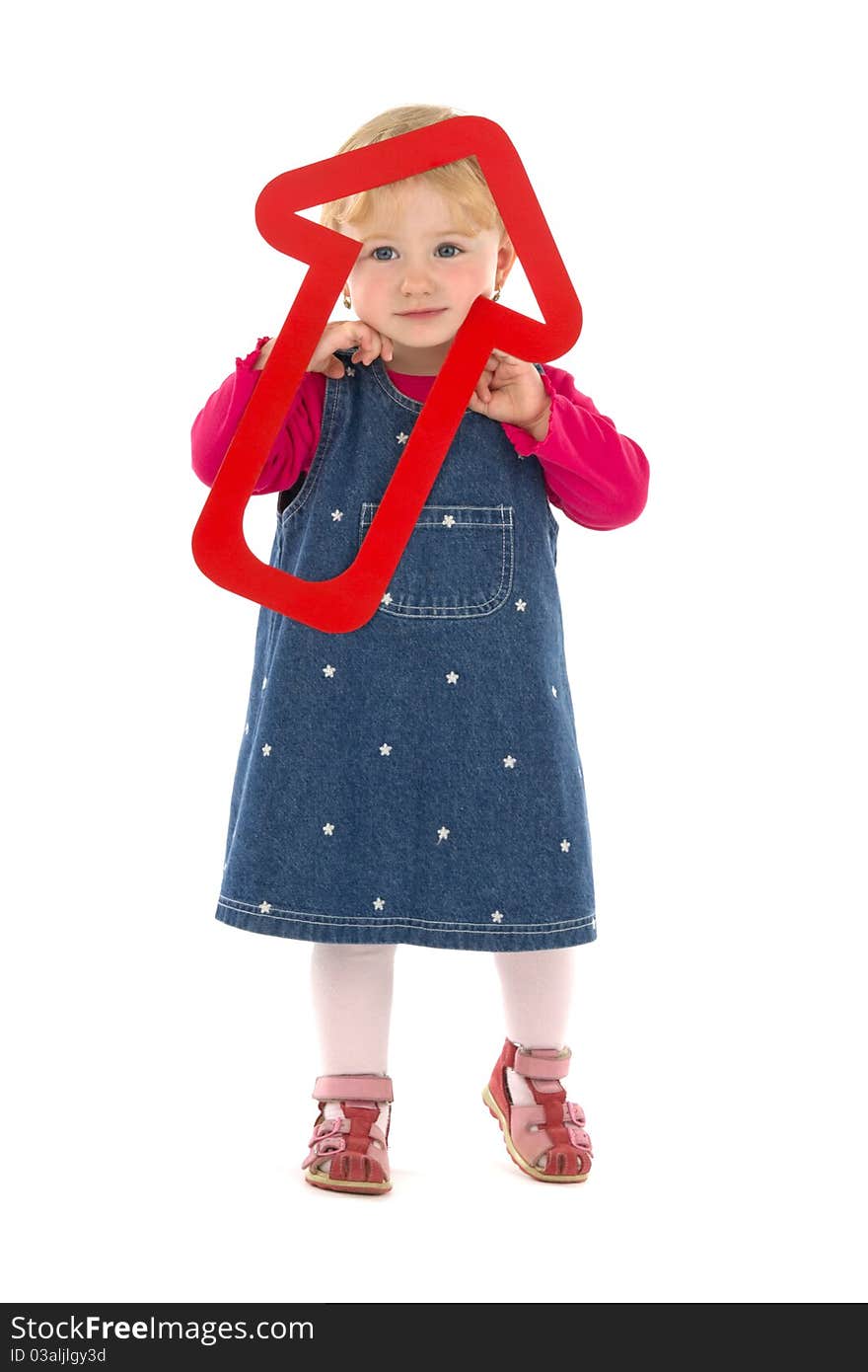 Child with red dart, on white background.