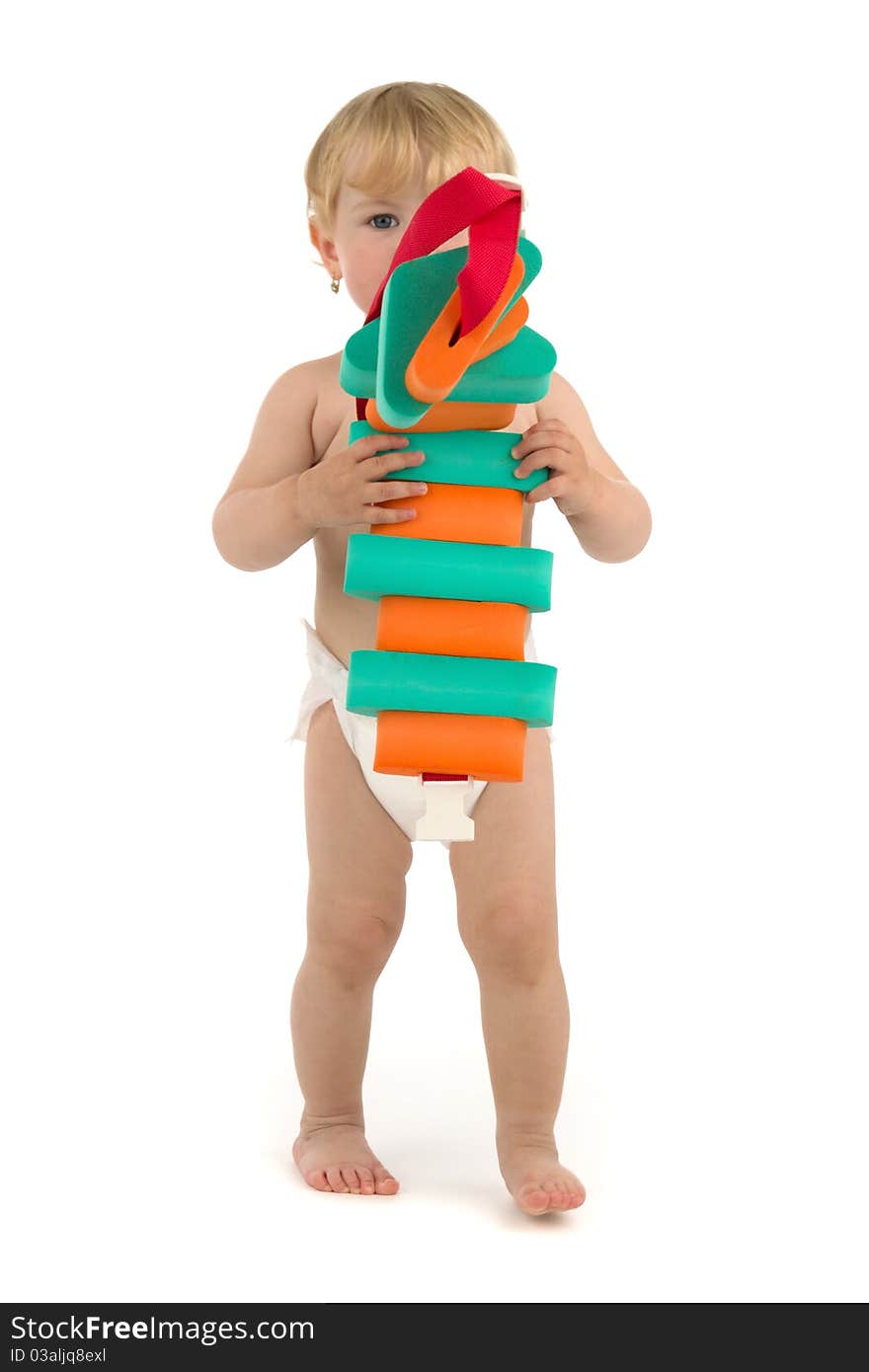 Baby with help to swimming, on white background.