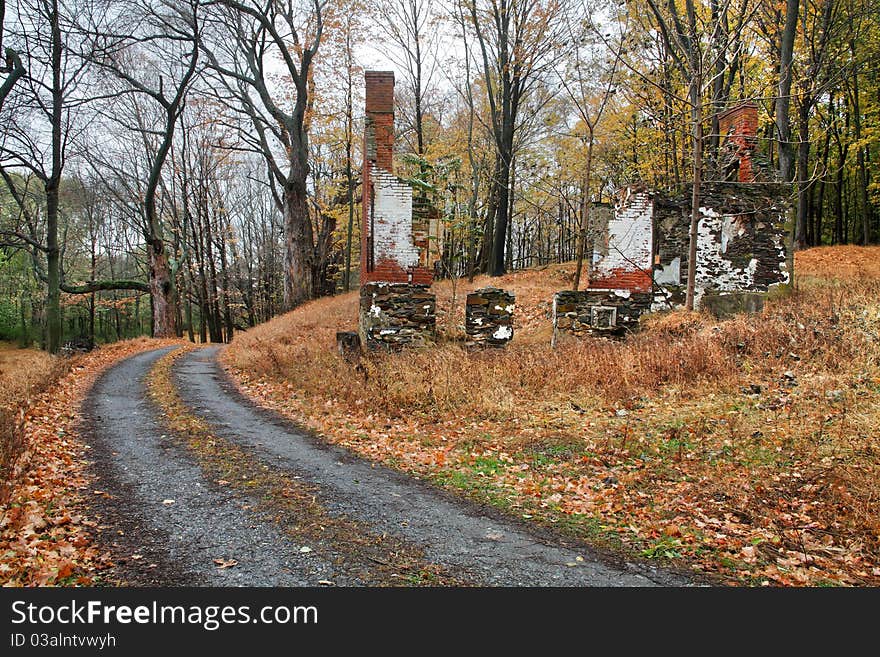 Country Lane And A Crumbling Farmhouse On A Rainy Day In Autumn, Chester County Pennsylvania