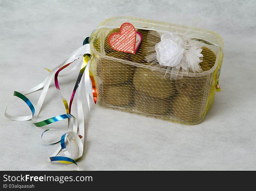 Packaging of fruits and wedding attributes on a white background