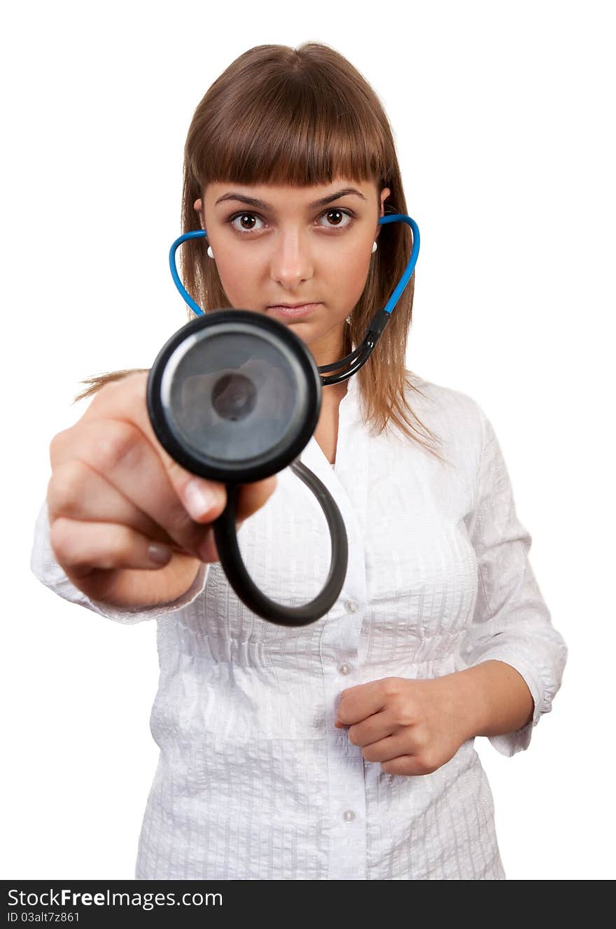 Beautiful young woman doctor with stethoscope isolated on white background