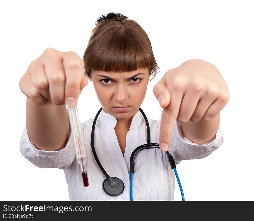 Beautiful young woman doctor with a thermometer isolated on white background