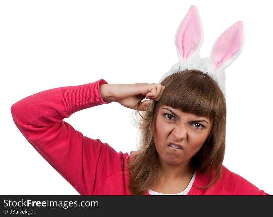 Girl with rabbit ears isolated on white background