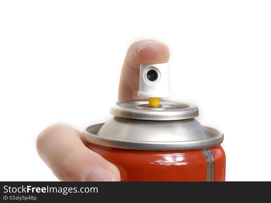 Hand pressing a button of a cleaning product. Hand pressing a button of a cleaning product