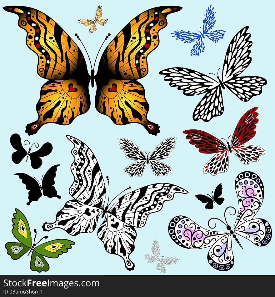 Set abstract butterflies for design on blue