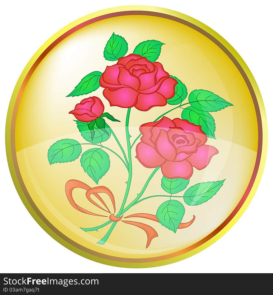 Icon, button, eps10: flowers, red rose on a round yellow background. Icon, button, eps10: flowers, red rose on a round yellow background