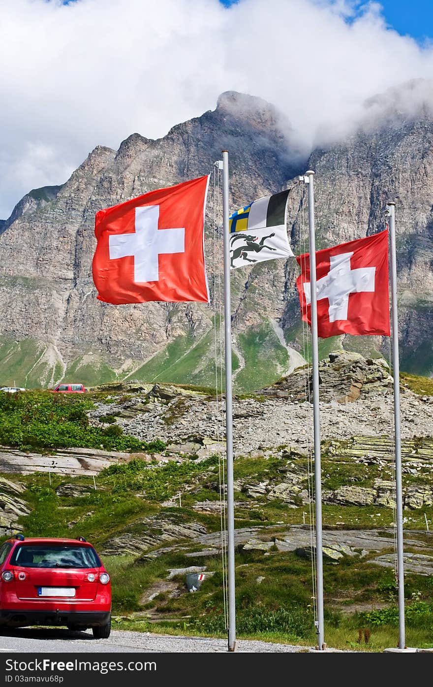 Swiss flags on San Bernardino pass