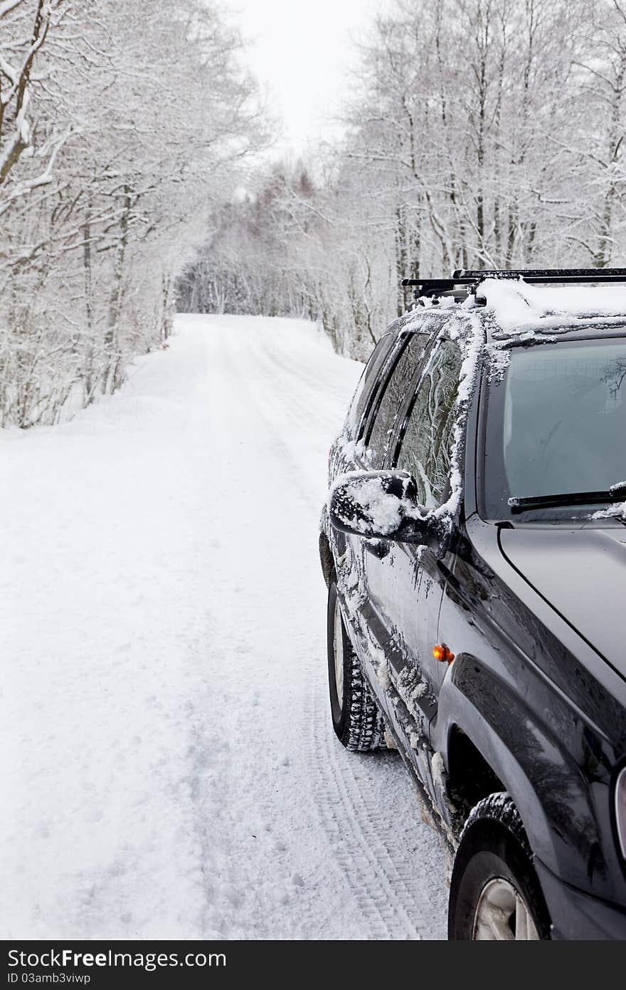 Car on a snowy forest road