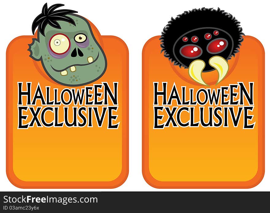 Funny Labels / stickers with Halloween creatures such a Zombie and Spider. Funny Labels / stickers with Halloween creatures such a Zombie and Spider