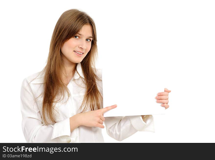 Woman holding empty white board a white background