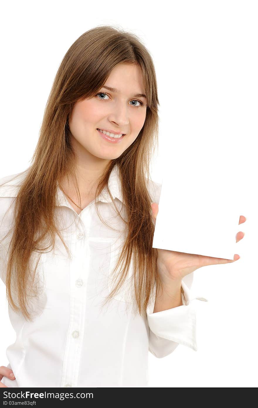 Woman holding empty white board a white background