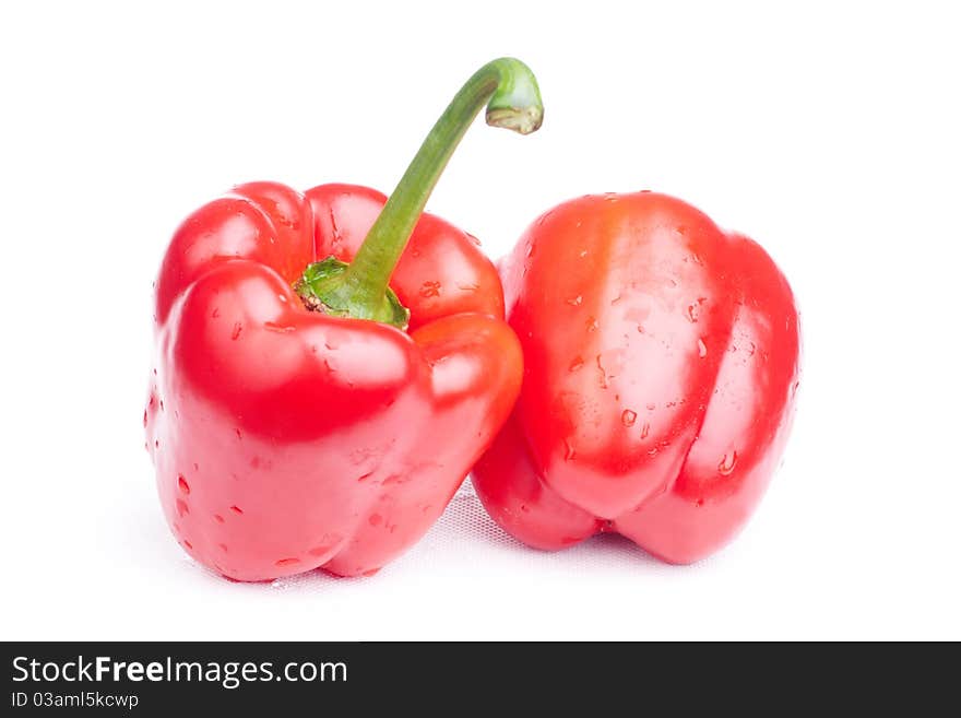 Two red peppers on white background - vertical shot