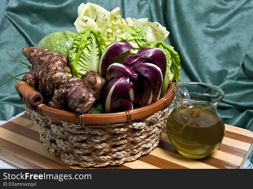 Fresh salad on wooden cutting board bamboo. Fresh salad on wooden cutting board bamboo