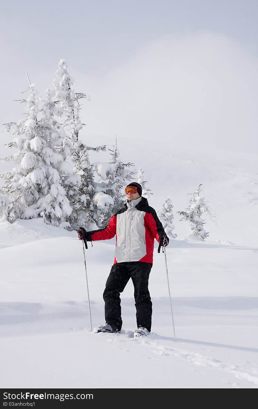 Portrait man of skier on a background snow-bound mountains and fir-trees, Carpathian Mountains, Dragobrat, Ukraine. Portrait man of skier on a background snow-bound mountains and fir-trees, Carpathian Mountains, Dragobrat, Ukraine