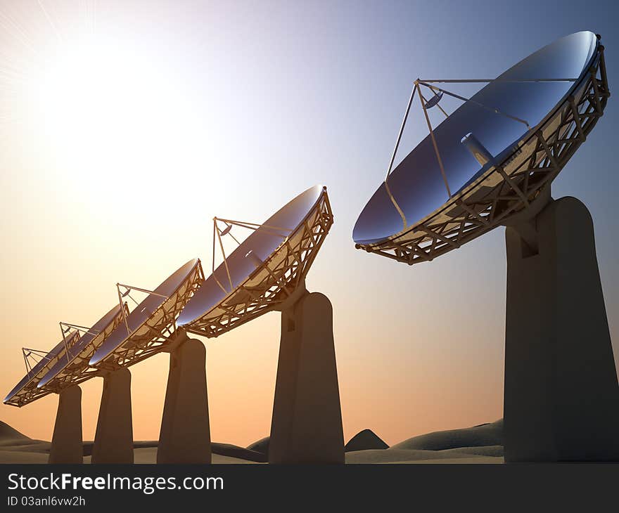 Row of radars against the sky