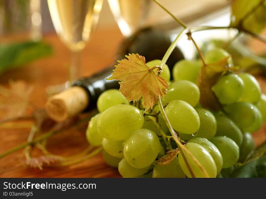 Fresh Grapes, Vine And Vine Bottle