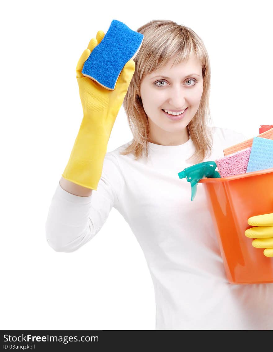 Happy young woman cleaning the glass with a sponge. Happy young woman cleaning the glass with a sponge