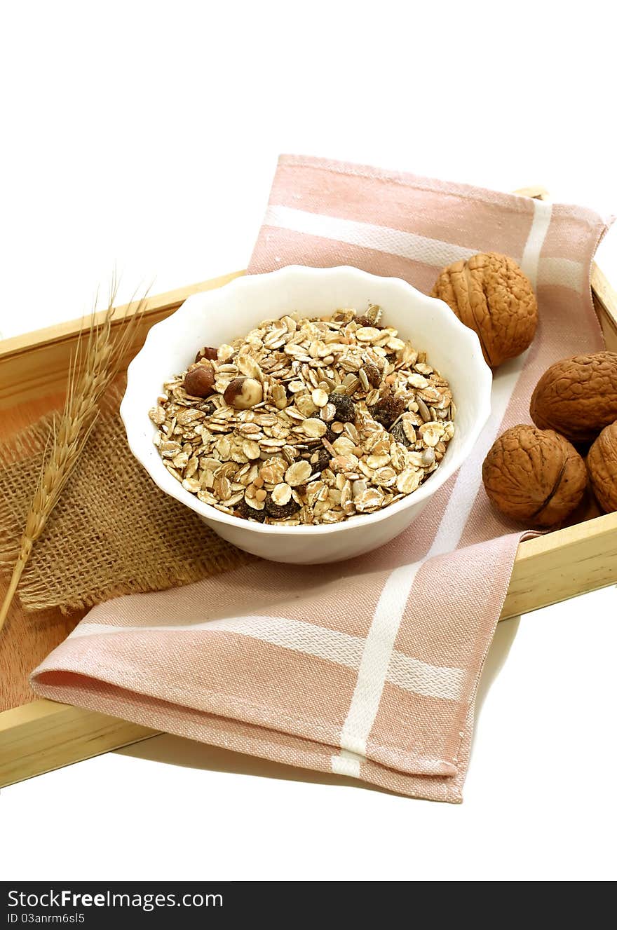 Muesli of oats with raisin and walnuts