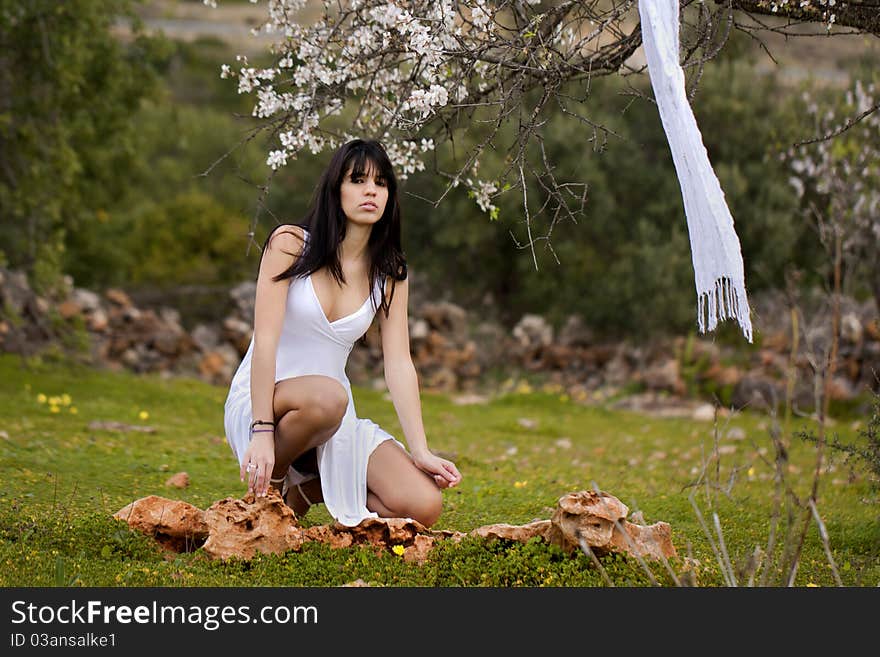 View of a beautiful girl on a white dress on a green grass field next to a almond tree. View of a beautiful girl on a white dress on a green grass field next to a almond tree