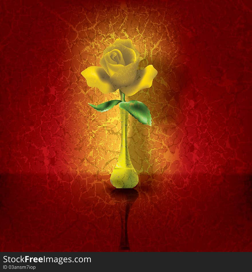 Abstract floral illustration with gold rose on cracked background