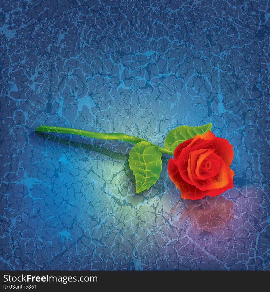 Abstract floral illustration with red rose on cracked blue background