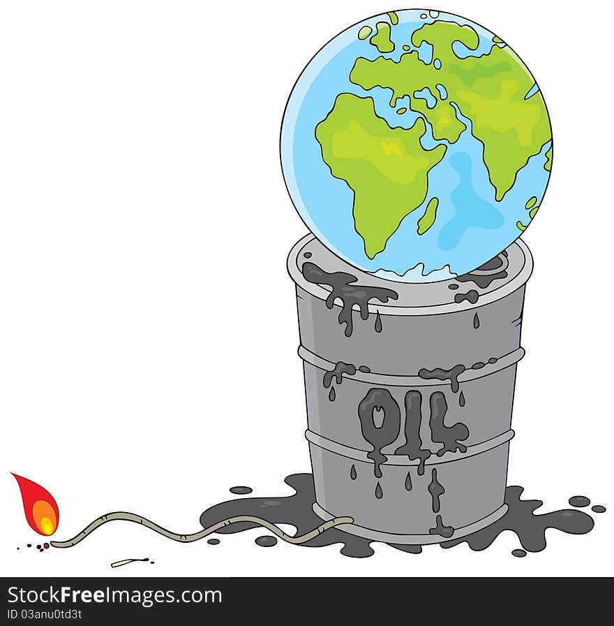 Terrestrial globe on a dirty oil barrel with a burning fuse. Terrestrial globe on a dirty oil barrel with a burning fuse