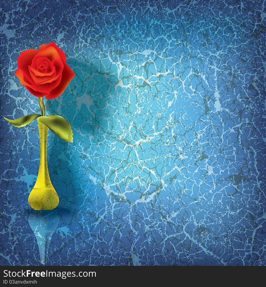 Abstract floral illustration with rose on cracked blue background