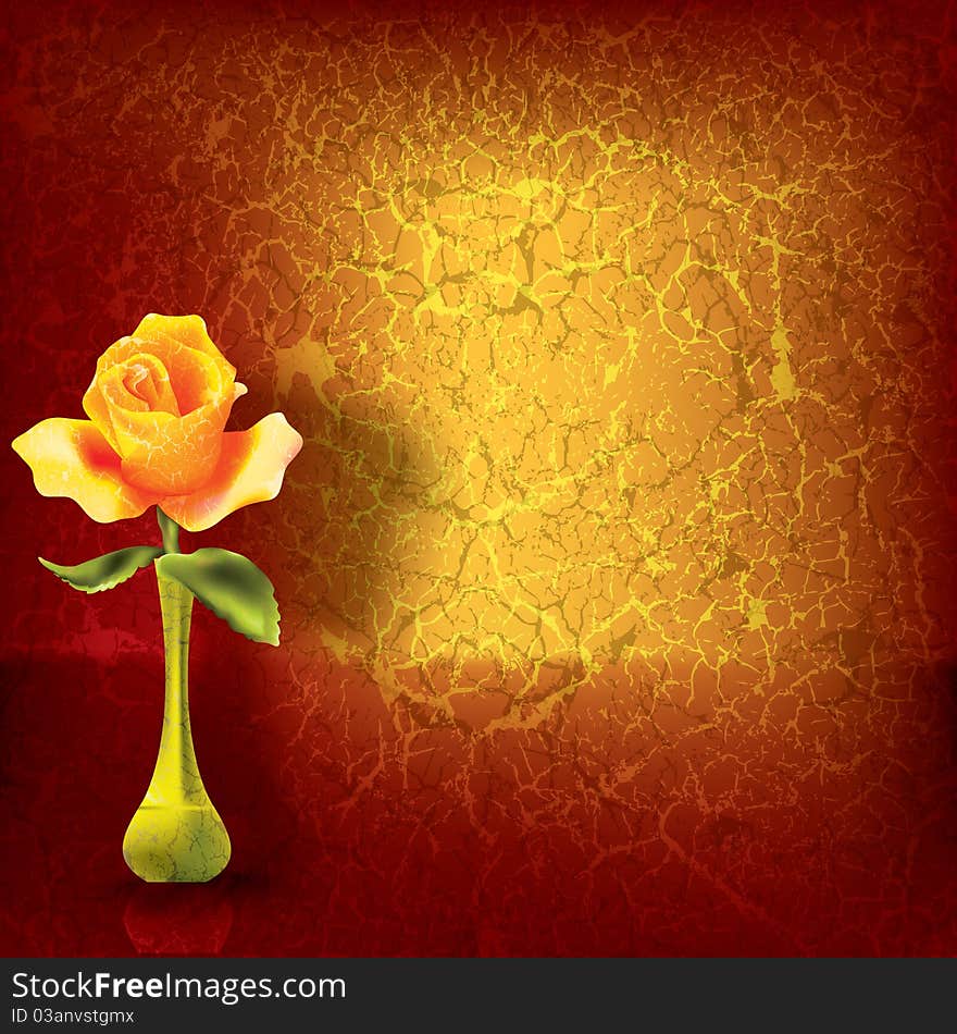 Abstract floral illustration with rose on cracked red background