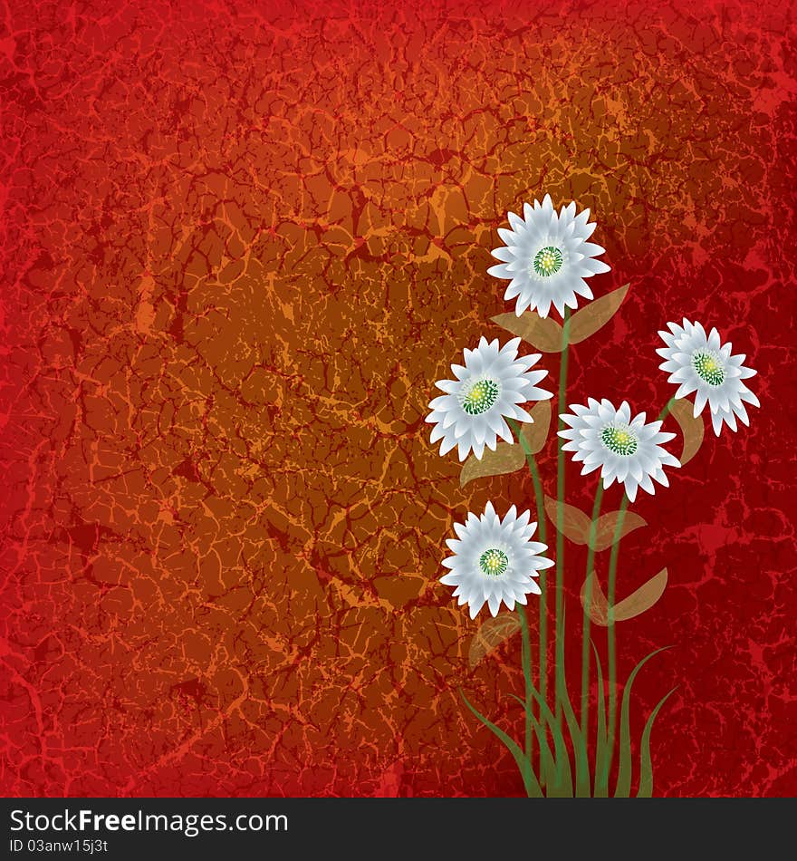 Abstract floral illustration with white flowers on cracked background