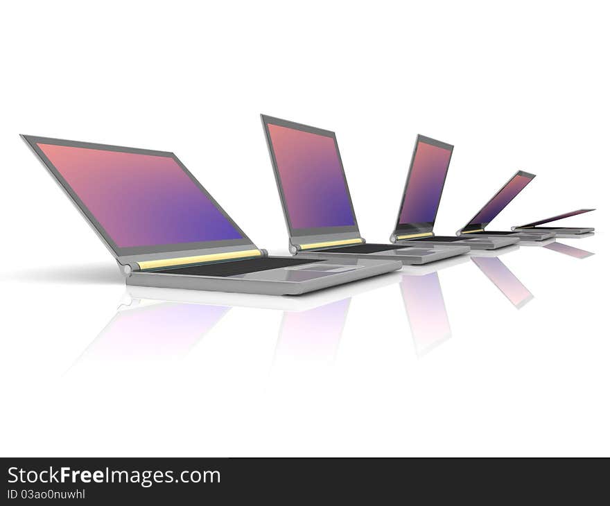 Isolated curved lineup of laptops next to each other