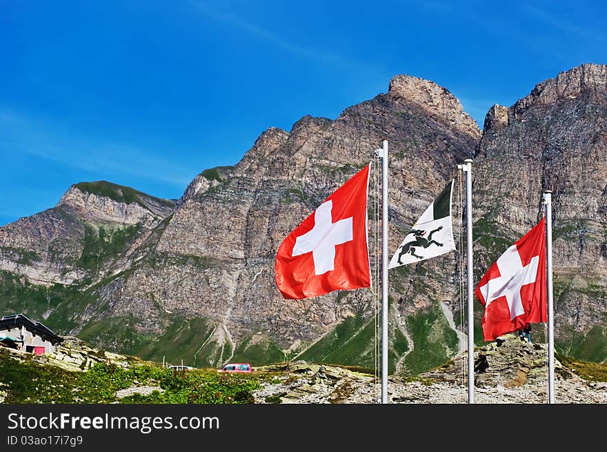 Swiss flags on San Bernardino pass