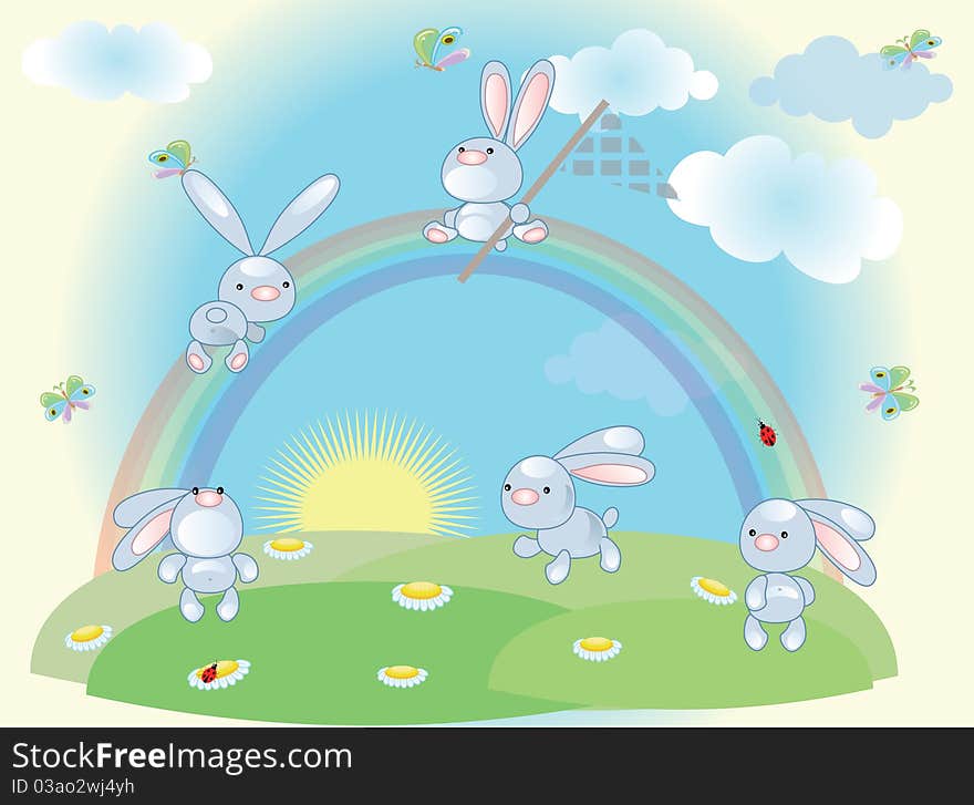 Summer background with rabbits and rainbow