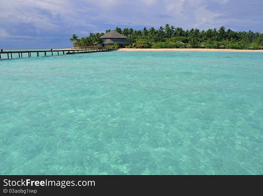 Beach Bar view on Island from the sea. Beach Bar view on Island from the sea