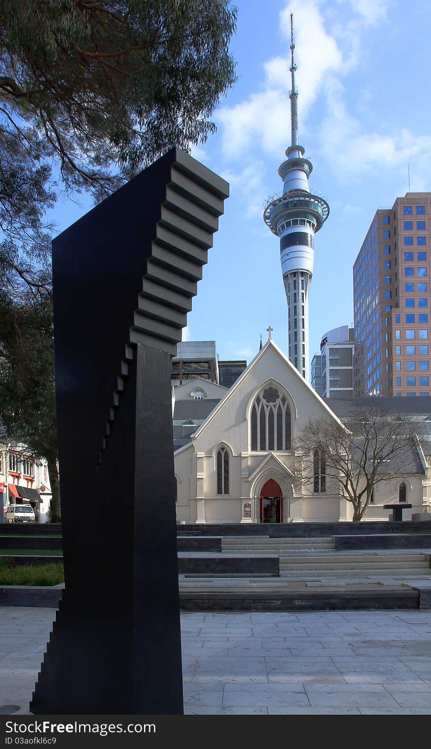 Sculpture and Sky Tower in Auckland