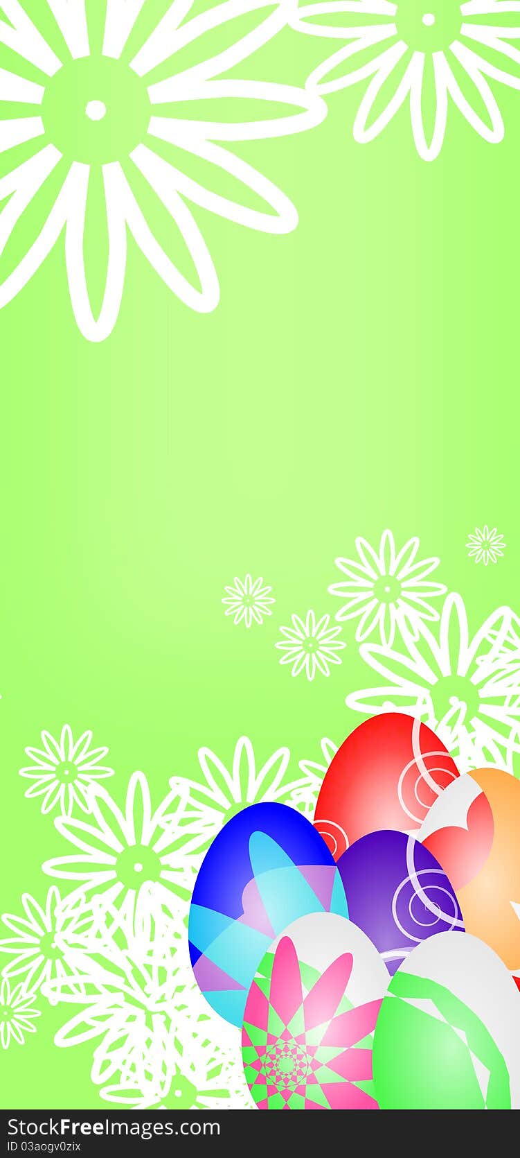 Easter eggs illustration on green, floral patterned background