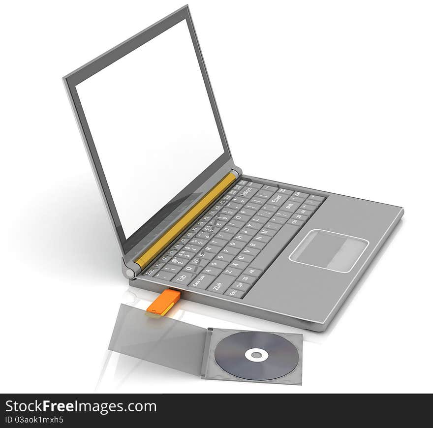 CD lies next to a notebook in which the inserted flash drive. isolated on white