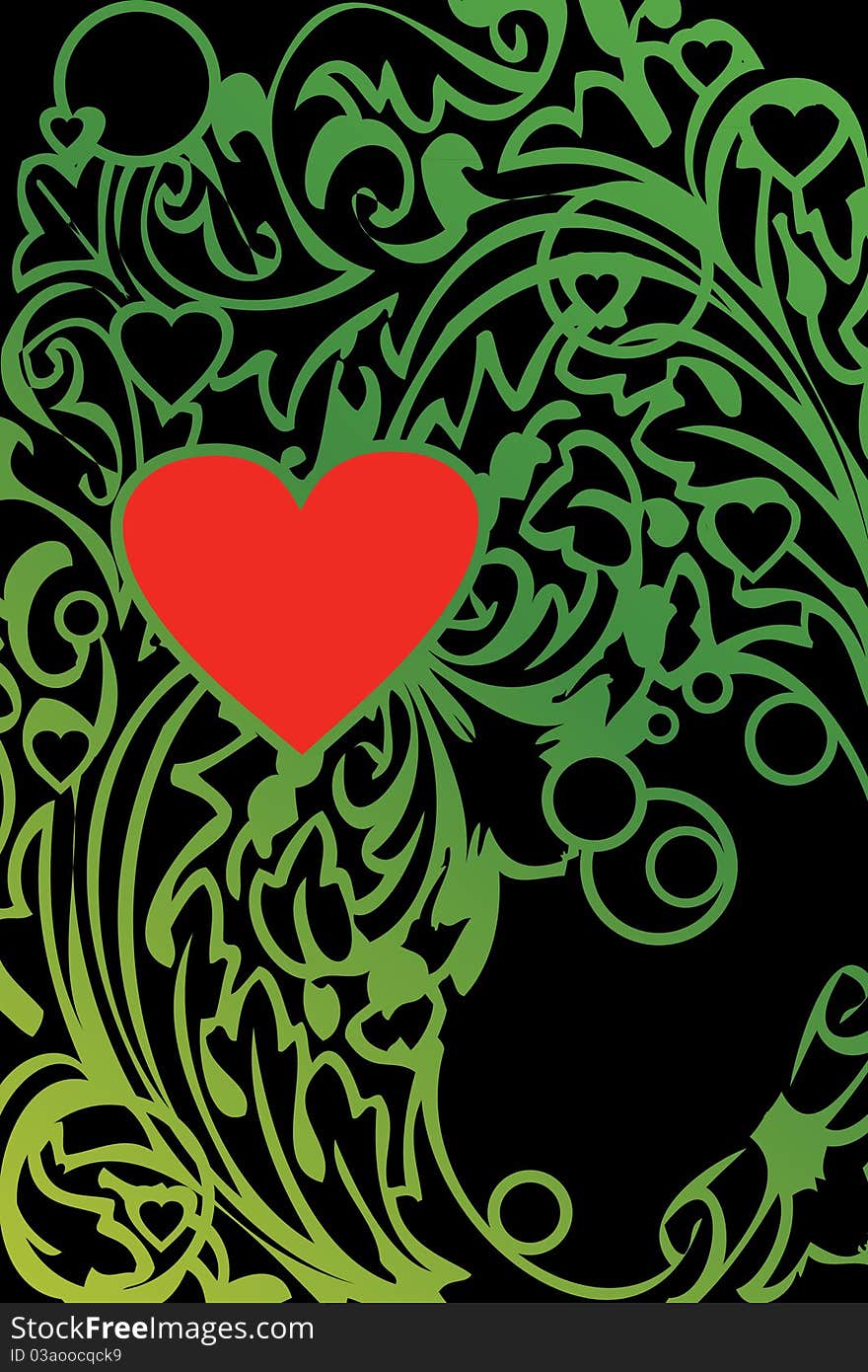 Illustration of green ornament with red heart